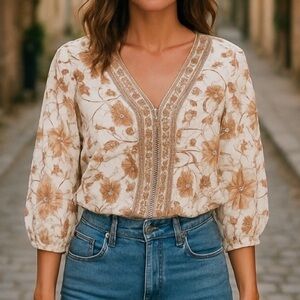 Rose + Olive Brown Floral Boho Blouse Size Medium Romantic Festival Cottagecore